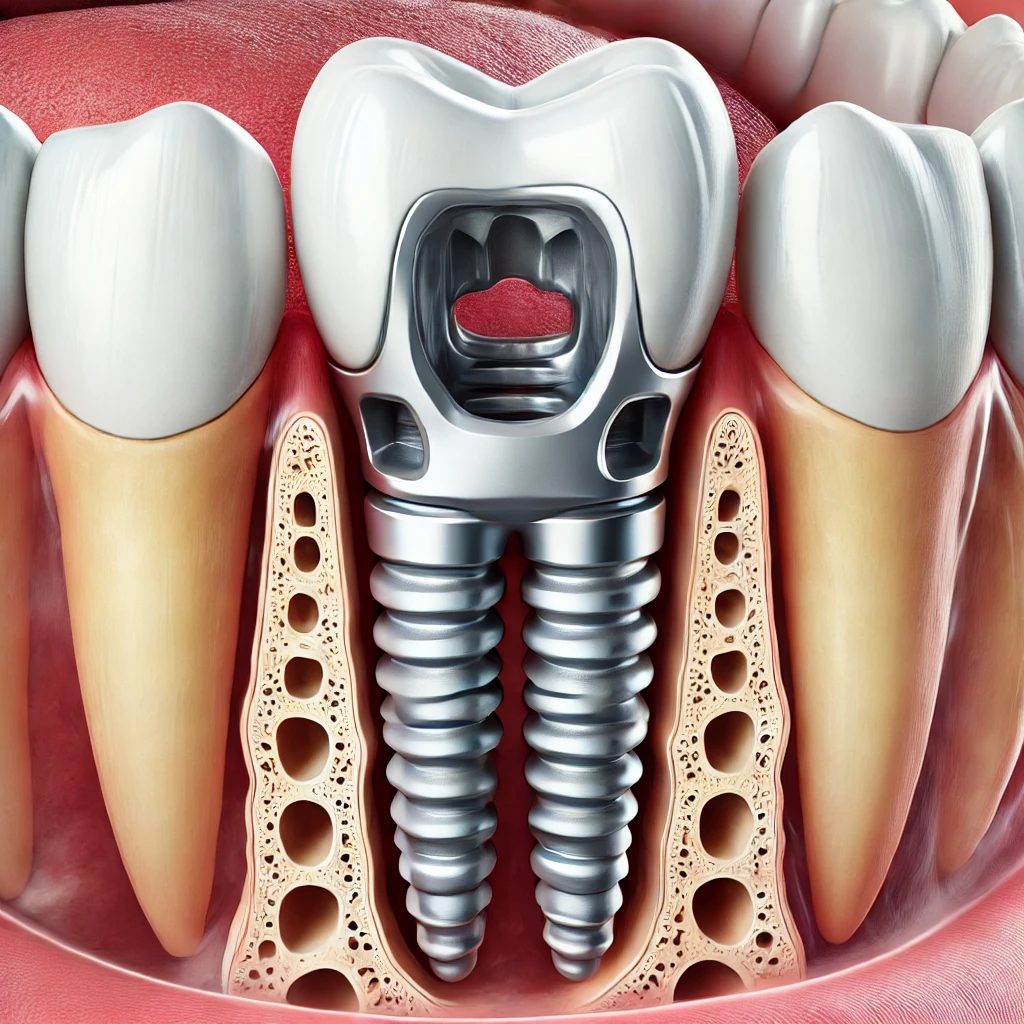 Bazal İmplantların ayrıntılı tıbbi gösterimi. Resim, bazal implant yapısını ve çene kemiğine derinlemesine yerleştirilmesini göstermektedir