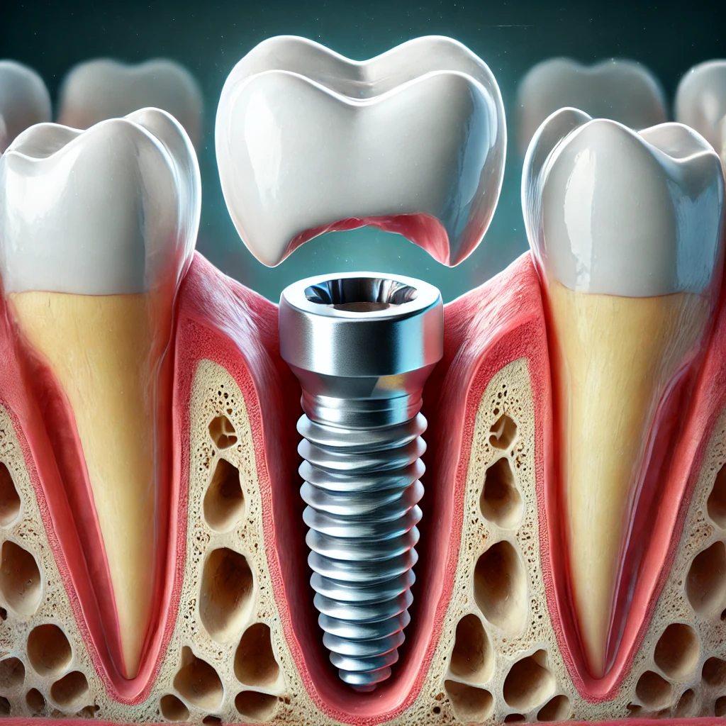 Endosteal implantın yapısını ve çeneye yerleştirilmesini gösteren ayrıntılı bir tıbbi illüstrasyon. Görüntü çene kemiğinin bir kesitini göstermektedir