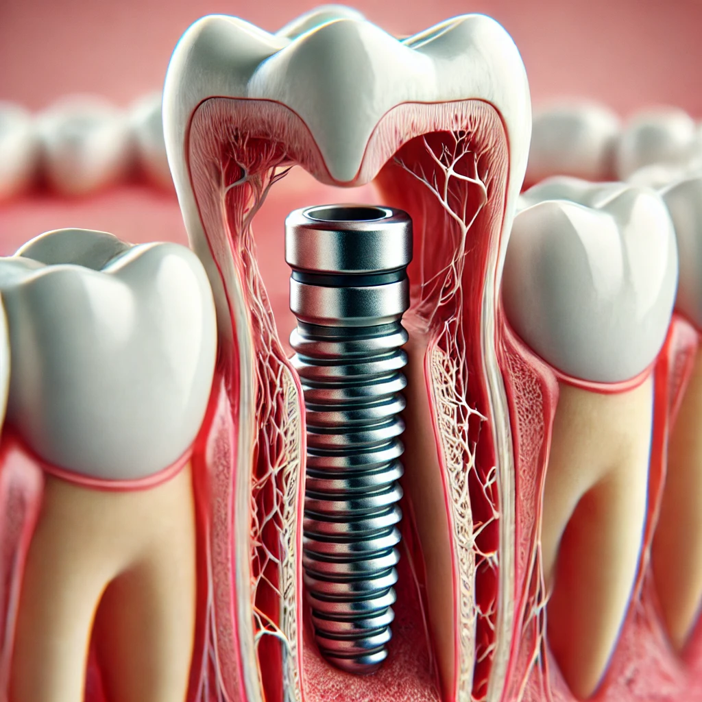 İmplantın diş bağları arasına yerleştirildiği ve stabilizasyon ve yük dağılımı için alveolar kemiğe bağlandığı intraligamenter implantların yapısını gösteren ayrıntılı bir tıbbi illüstrasyon.