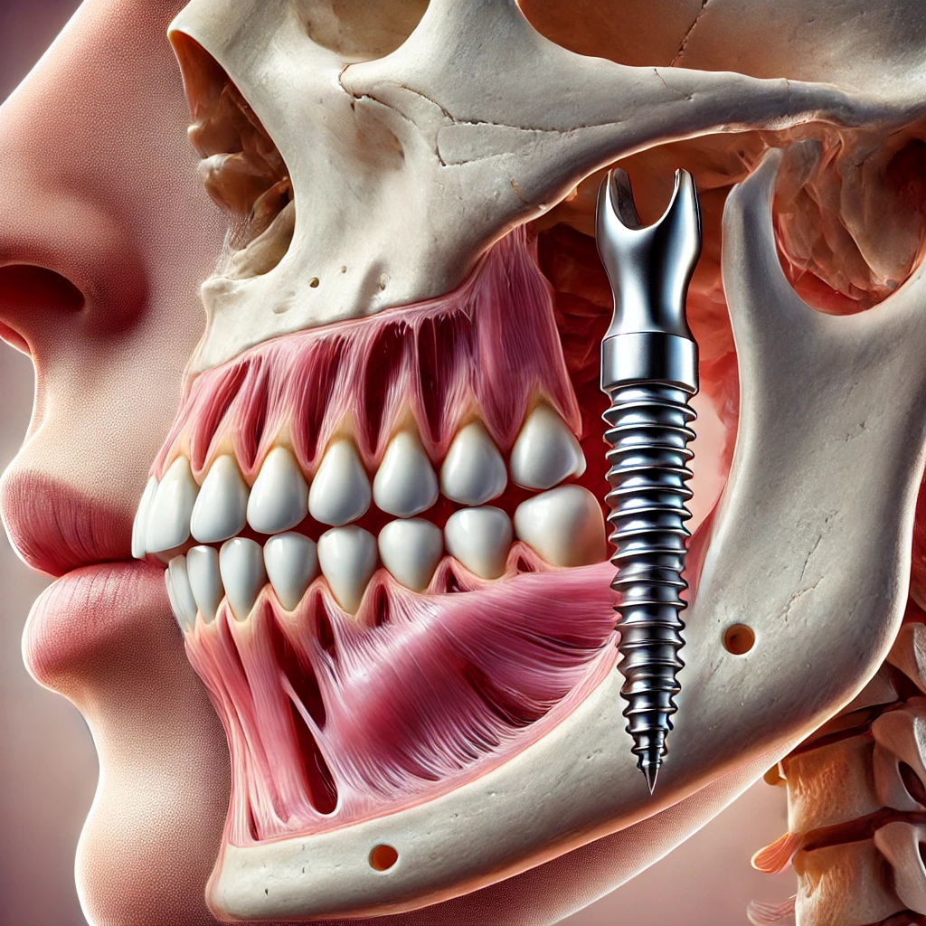 A highly detailed medical illustration demonstrating zygomatic implants. The image should clearly show the long zygomatic implant placed in the upper