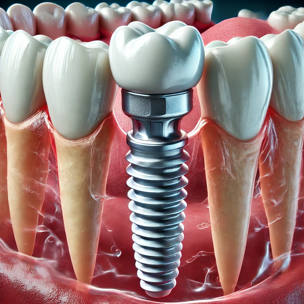 Subperiosteal diş implantının yapısını ve çene kemiğinin üstüne, diş eti dokusunun altına yerleştirilmesini gösteren ayrıntılı bir tıbbi illüstrasyon.