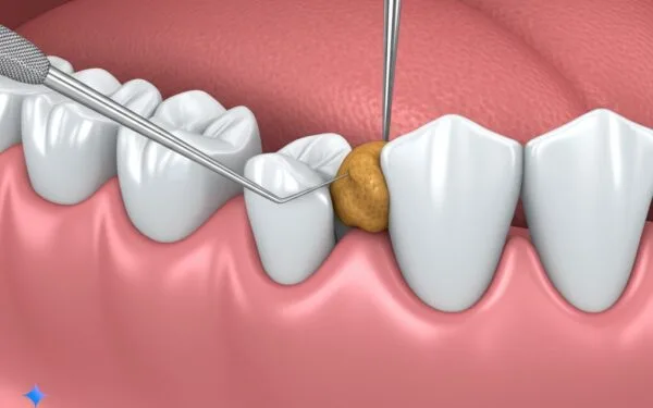 görüntü sağlıklı dişler arasında gıda sıkışmasını göstermektedir.