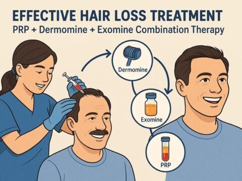 The image represents the process of applying PRP + Dermomine + Exomine treatments to the patient with hair loss at AuraDent.