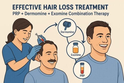 The image represents the process of applying PRP + Dermomine + Exomine treatments to the patient with hair loss at AuraDent.