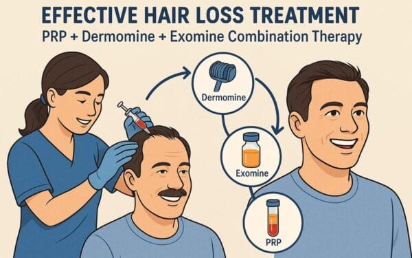 The image represents the process of applying PRP + Dermomine + Exomine treatments to the patient with hair loss at AuraDent.