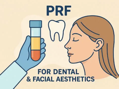 Şekilde PRF tüpünü tutan asistan görülürken kadın hasta sakin bir şekilde PRF enjeksiyonunu beklemektedir.
