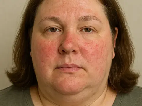 Hasta yüzünde gül hastalığı (rosacea) semptomları açık şekilde görülmektedir