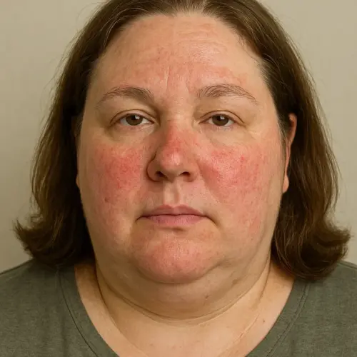 Symptoms of rosacea are clearly visible on the patient's face