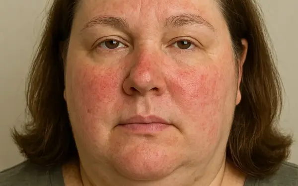 Symptoms of rosacea are clearly visible on the patient's face