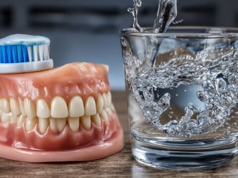 This image, which symbolises the importance of tooth brushing, shows a toothbrush on a prosthetic tooth. As AuraDent family, the importance of tooth brushing is emphasised here.