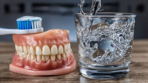 This image, which symbolises the importance of tooth brushing, shows a toothbrush on a prosthetic tooth. As AuraDent family, the importance of tooth brushing is emphasised here.