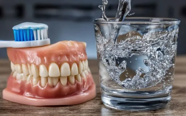 This image, which symbolises the importance of tooth brushing, shows a toothbrush on a prosthetic tooth. As AuraDent family, the importance of tooth brushing is emphasised here.