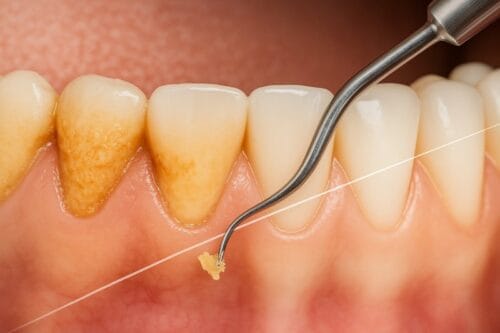 illustration showing the process of removing calculus and tartar from teeth