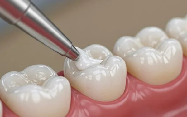 AuraDent Klinik, Lefkoşa, Kıbrıs'ta Rubber Dam kullanımı ile çürük dişin temizlenmesi ve doldurulması işlemini gösteren görsel