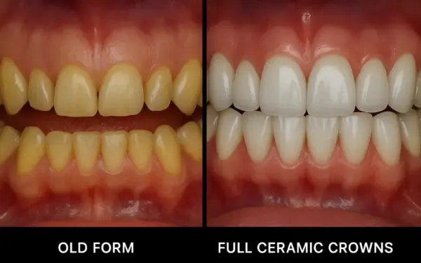 This image shows the full ceramic crowns in the mouth of one of our patients. The left side of the picture shows the patient's condition before the treatment, while the change in the teeth after the full ceramic crown procedure is shown on the right side of the picture