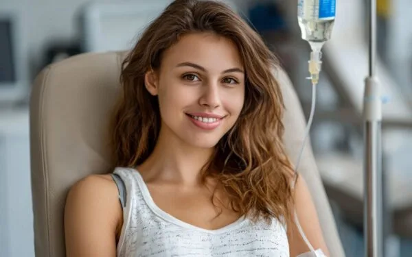 The picture represents an image of a female patient sitting in the blood collection chair while receiving Glutathione IV treatment.