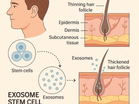 The picture shows scientifically how Exosome acts on the hair. The treatment protocol applied in AuraDent, Cyprus makes hair regeneration possible.