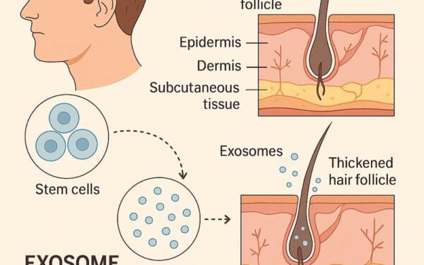 The picture shows scientifically how Exosome acts on the hair. The treatment protocol applied in AuraDent, Cyprus makes hair regeneration possible.