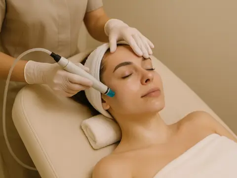 Picture shows Hydrafacial Facial Treatment for Cleansing / Moisturising / Exfoliating woman's face at AuraDent Aesthetic Clinic, Nicosia, Cyprus