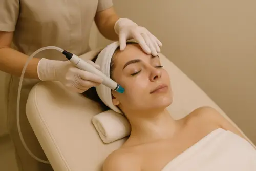 Resim, AuraDent Estetik Klinik, Lefkoşa, Kıbrıs'ta kadının yüzünü Temizlemek / Nemlendirmek / Peeling Yapmak için Hydrafacial Yüz Uygulamasını göstermektedir