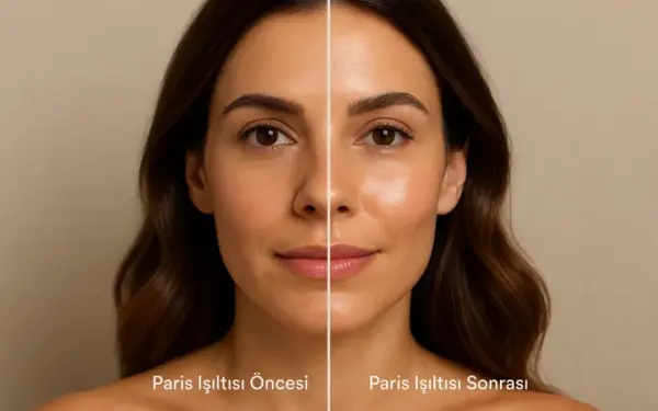 Resim hasta yüzünde paris ışıltısı öncesi ve sonrasını göstermektedir. Paris ışıltısından sonra hastalarımızın yüzü canlılık ve parlaklık kazanmaktadır.