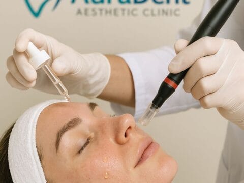 Photo illustration which shows microneedling treatment for a women patient at AuraDent