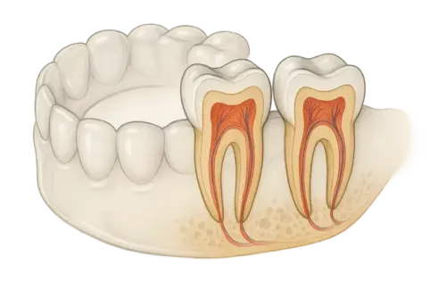Illustration showing the root canals of the tooth on the model.