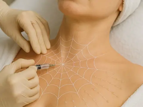 Örümcek ağı cilt germe Kıbrıs'taki AuraDent Estetik Kliniği'nde, resimde gösterildiği gibi boyundaki hassas kaldırma noktaları kullanılarak gerçekleştirilir.