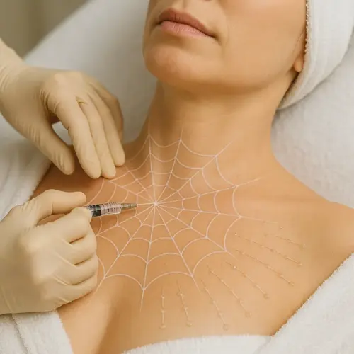 Örümcek ağı cilt germe Kıbrıs'taki AuraDent Estetik Kliniği'nde, resimde gösterildiği gibi boyundaki hassas kaldırma noktaları kullanılarak gerçekleştirilir.