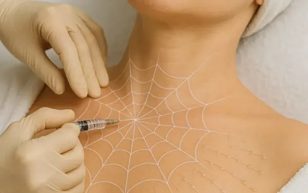 Spider web skin lifting is performed at AuraDent Aesthetic Clinic in Cyprus, using precise lifting points on the neck, as illustrated in the picture.