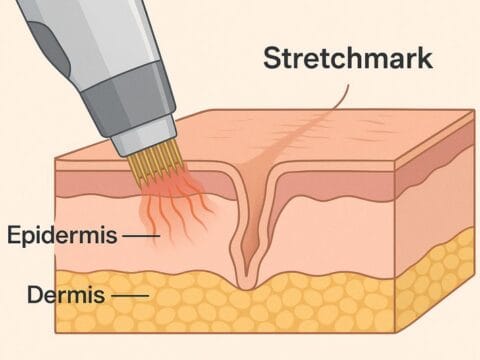 The illustration shows the stretchmark treatment with RF Microneedling. At AuraDent, cell rejuvenation is triggered by radiofrequency microneedling sent to the epidermis and scars are removed.