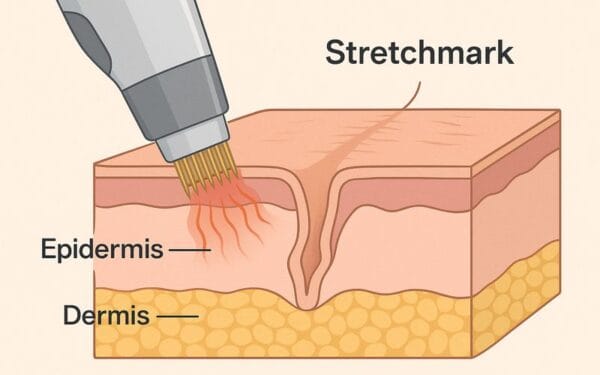 The illustration shows the stretchmark treatment with RF Microneedling. At AuraDent, cell rejuvenation is triggered by radiofrequency microneedling sent to the epidermis and scars are removed.
