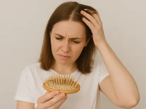 A young woman looks worried when she sees fallen hair on her hairbrush. The image represents individuals with hair loss, which is the target group of the Micrograft hair treatment applied at AuraDent Aesthetic Clinic.
