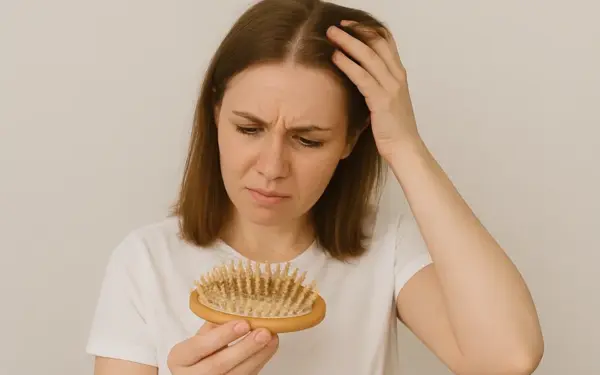 A young woman looks worried when she sees fallen hair on her hairbrush. The image represents individuals with hair loss, which is the target group of the Micrograft hair treatment applied at AuraDent Aesthetic Clinic.