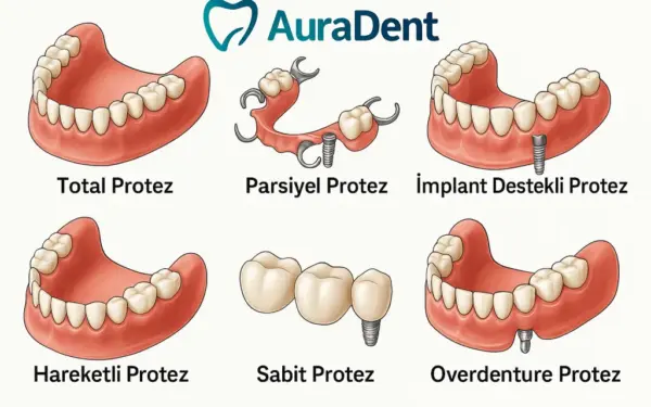 AuraDent Lefkoşa'da sunulan tüm protez çeşitleri: total protez, parsiyel protez, implant destekli protez, hareketli protez, sabit zirkonyum protez, immediat protez ve overdenture protez. Kıbrıs’ta estetik, fonksiyonel ve konforlu protez hizmetleri için AuraDent güvenilir çözümler sunar