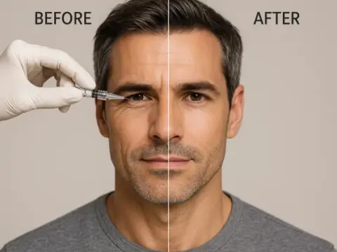 It represents the application of Brotoks to an adult patient. On the left side of the picture, our patient with prominent wrinkles on his face, and on the right side, the targeted facial features after the application of brotoks are shown