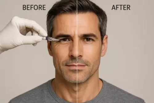 It represents the application of Brotoks to an adult patient. On the left side of the picture, our patient with prominent wrinkles on his face, and on the right side, the targeted facial features after the application of brotoks are shown