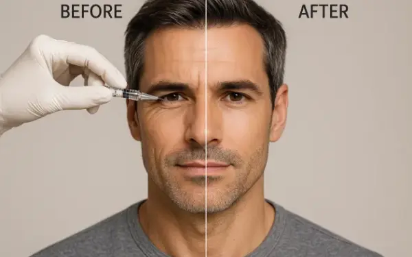 It represents the application of Brotoks to an adult patient. On the left side of the picture, our patient with prominent wrinkles on his face, and on the right side, the targeted facial features after the application of brotoks are shown