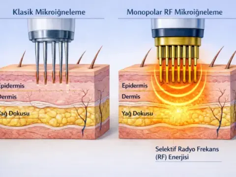 Illustration of skin layers showing the difference between classic microneedling and monopolar RF microneedling performed at AuraDent Aesthetic Clinic in North Cyprus, Nicosia. Microneedles and selective RF energy in the epidermis, dermis and adipose tissue.