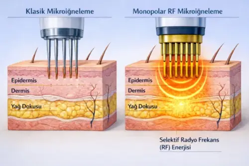 Illustration of skin layers showing the difference between classic microneedling and monopolar RF microneedling performed at AuraDent Aesthetic Clinic in North Cyprus, Nicosia. Microneedles and selective RF energy in the epidermis, dermis and adipose tissue.
