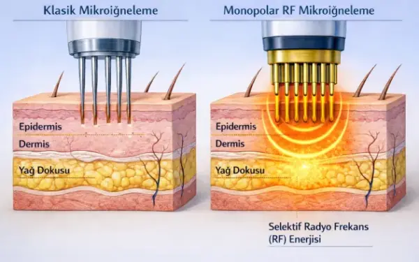 Illustration of skin layers showing the difference between classic microneedling and monopolar RF microneedling performed at AuraDent Aesthetic Clinic in North Cyprus, Nicosia. Microneedles and selective RF energy in the epidermis, dermis and adipose tissue.