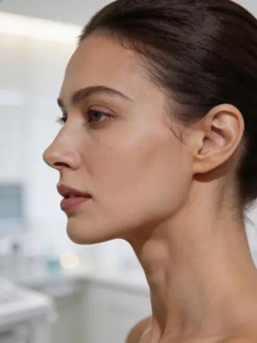 Boyun ve gıdı bölgesindeki sarkmalar için ameliyatsız en etkili çözümler sunan AuraDent Lefkoşa’da, belirgin çene hattı ve pürüzsüz boyun görünümünü hedefleyen BTL Exion başta olmak üzere ileri teknoloji medikal estetik uygulamalarını anlatan profesyonel kadın profil görseli.