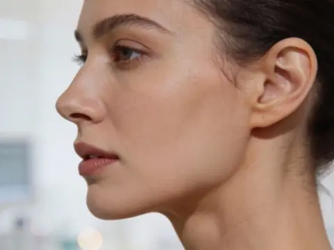 Boyun ve gıdı bölgesindeki sarkmalar için ameliyatsız en etkili çözümler sunan AuraDent Lefkoşa’da, belirgin çene hattı ve pürüzsüz boyun görünümünü hedefleyen BTL Exion başta olmak üzere ileri teknoloji medikal estetik uygulamalarını anlatan profesyonel kadın profil görseli.