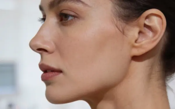 AuraDent in Nicosia offers the most effective non-surgical solutions for sagging in the neck and chin area. It features a professional female profile image describing advanced medical aesthetic applications, primarily BTL Exion, which targets a defined jawline and smooth neck appearance.