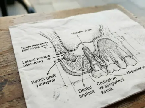 The image is a detailed diagram illustrating the surgical procedure known as a lateral window sinus lift and subsequent dental implant placement. This illustrates the procedure carried at AuraDent