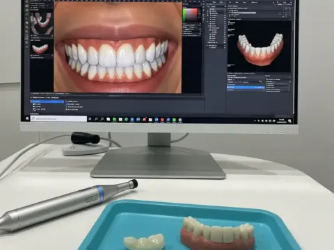 Digital smile design interface on a computer screen next to an intraoral scanner at AuraDent cosmetic dentistry clinic in Nicosia Cyprus