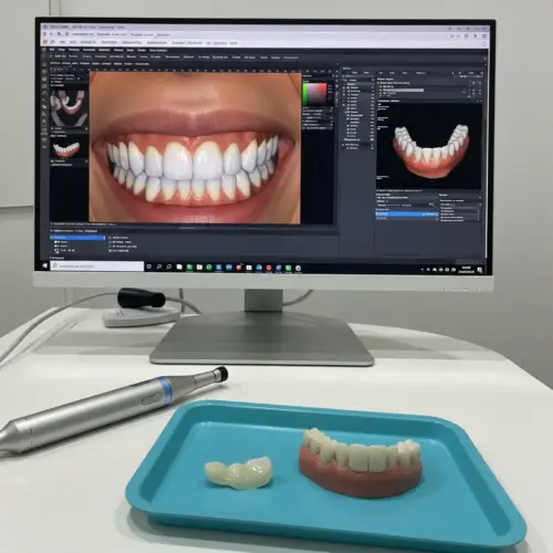Digital smile design interface on a computer screen next to an intraoral scanner at AuraDent cosmetic dentistry clinic in Nicosia Cyprus