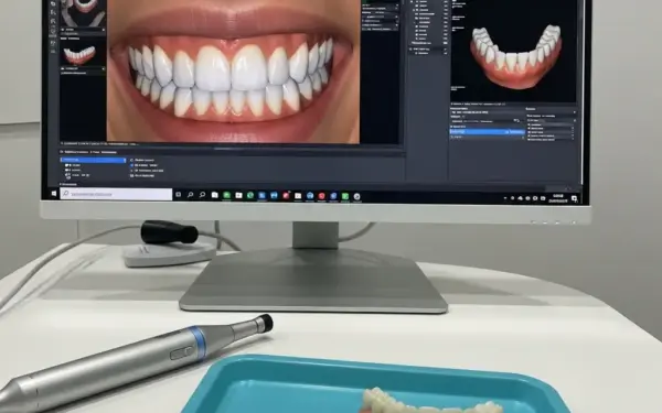 Kıbrıs Lefkoşa'daki AuraDent kozmetik diş hekimliği kliniğinde, ağız içi tarayıcının yanındaki bilgisayar ekranında görülen dijital gülüş tasarımı arayüzü