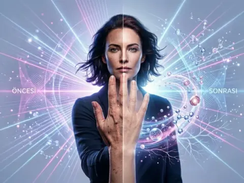 AuraDent Kıbrıs'ta el ve yüz gençleştirme tedavilerinin, lazer teknolojileri ve moleküler düzeydeki cilt yenileme yöntemleriyle sağladığı farkı illüstre eden estetik uygulama görseli.