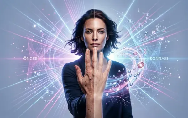 AuraDent Kıbrıs'ta el ve yüz gençleştirme tedavilerinin, lazer teknolojileri ve moleküler düzeydeki cilt yenileme yöntemleriyle sağladığı farkı illüstre eden estetik uygulama görseli.